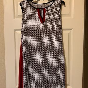 Women’s sleeveless, red, black and white flow dress